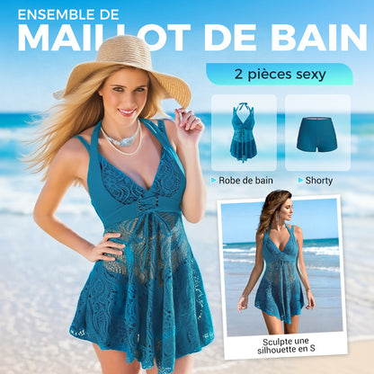 Maillot de bain deux pièces pour femme, col en V, bordure en dentelle et shorty