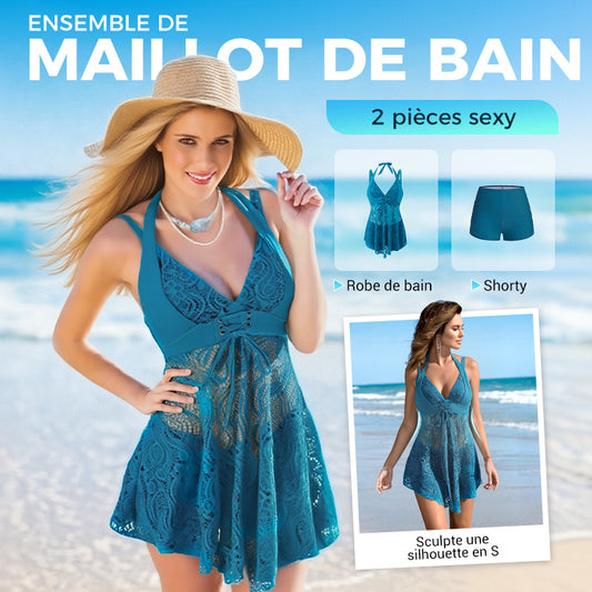 Maillot de bain deux pièces pour femme, col en V, bordure en dentelle et shorty