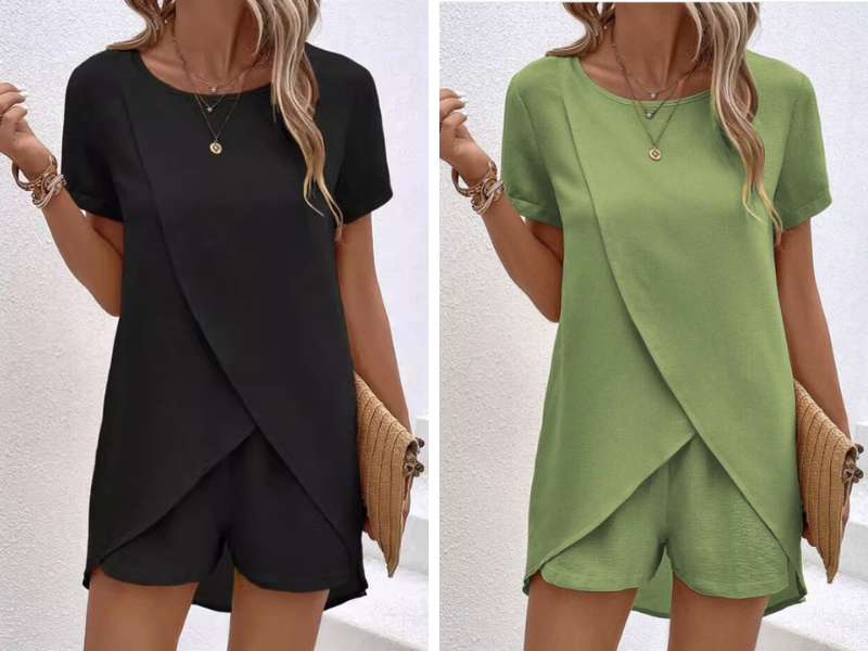 Ensemble deux pièces pour femme composé d'un haut asymétrique et d'un short, couleur unie