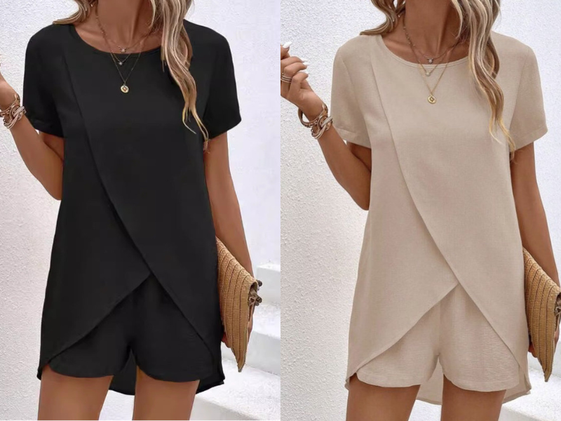 Ensemble deux pièces pour femme composé d'un haut asymétrique et d'un short, couleur unie