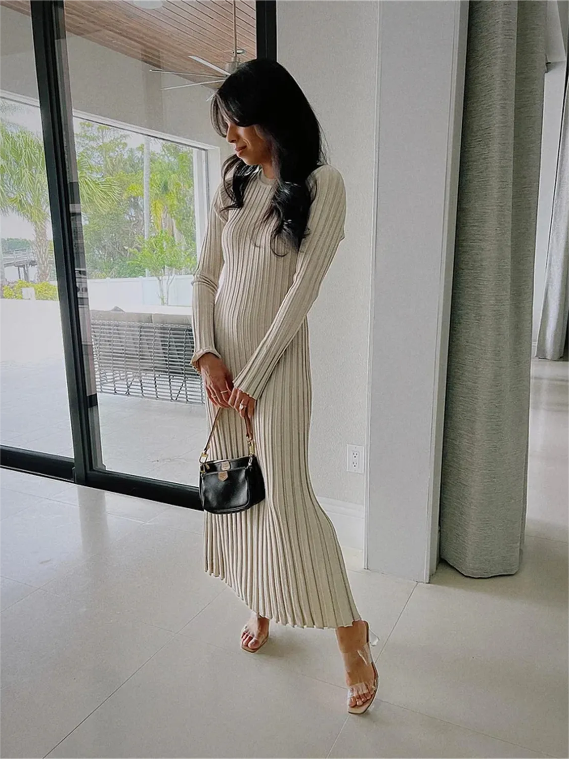 Robe Midi d'Automne en Tricot à Manches Longues