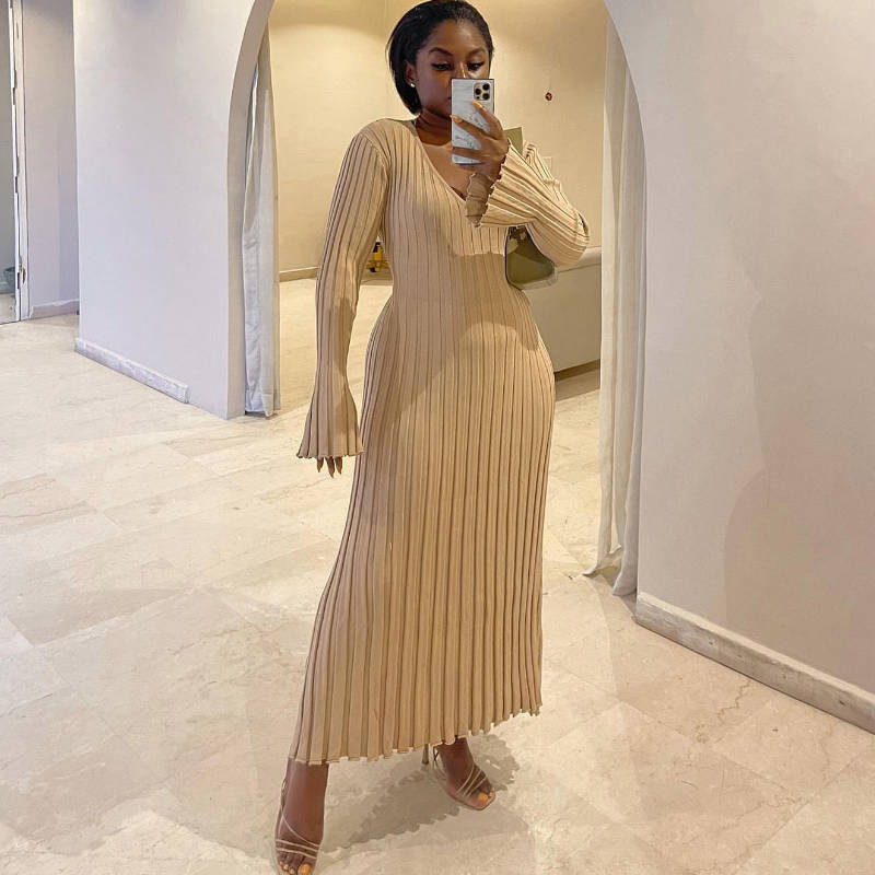 Robe Midi d'Automne en Tricot à Manches Longues