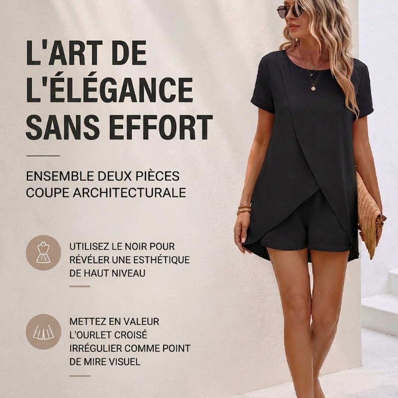 Ensemble deux pièces pour femme composé d'un haut asymétrique et d'un short, couleur unie