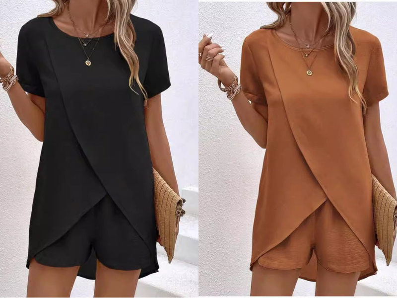 Ensemble deux pièces pour femme composé d'un haut asymétrique et d'un short, couleur unie
