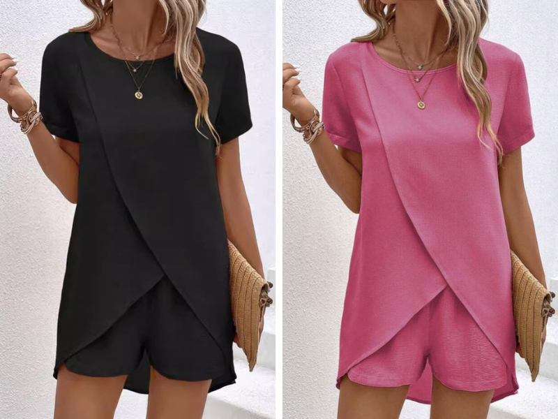 Ensemble deux pièces pour femme composé d'un haut asymétrique et d'un short, couleur unie