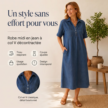 👗🔥 -50% ! Robe-Chemise Midi Jean Femme Poches – Tissu Structuré Non Collant Coupe Oversize Flatteuse Toutes Morphologies S-3XL, Col V Ajustable Manches Courtes Élégance Quotidienne, Légère Respirante ✨