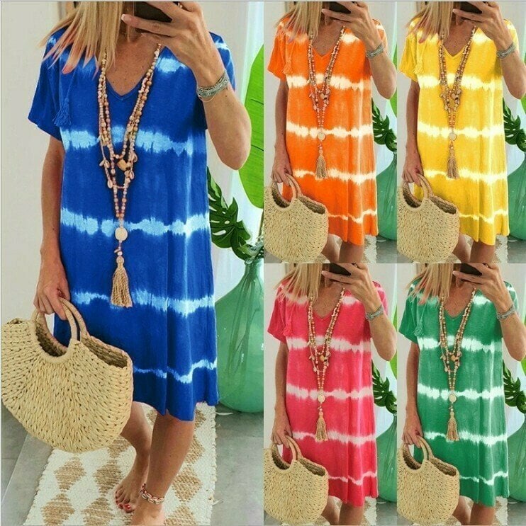 👗 50% DE RÉDUCTION 🌊 Robe-t-shirt ample à manches courtes, rayée & teinte au nœud – Coton doux, coupe décontractée – Parfaite pour un look tendance et confortable en été ou à la plage – légère et facile à accessoiriser ✨☀️