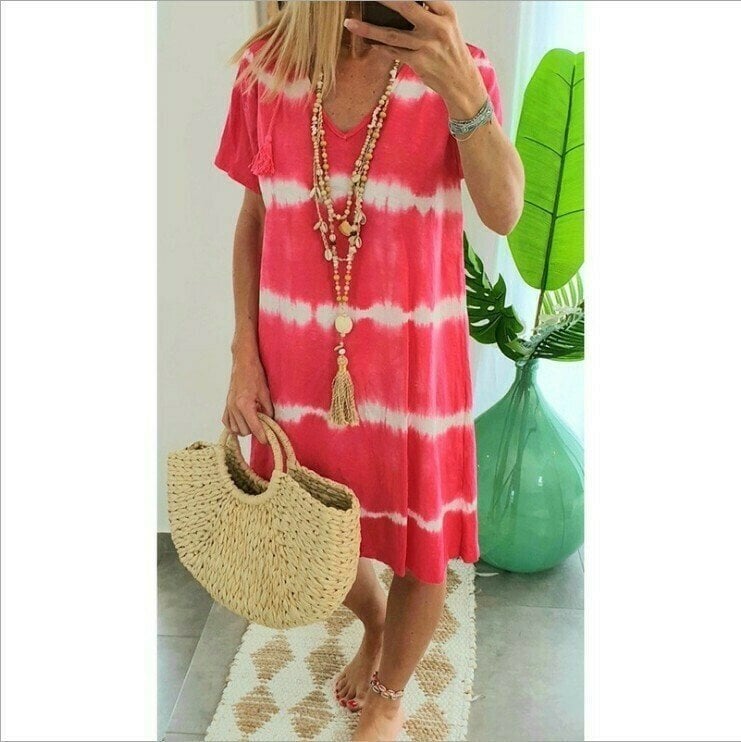 👗 50% DE RÉDUCTION 🌊 Robe-t-shirt ample à manches courtes, rayée & teinte au nœud – Coton doux, coupe décontractée – Parfaite pour un look tendance et confortable en été ou à la plage – légère et facile à accessoiriser ✨☀️