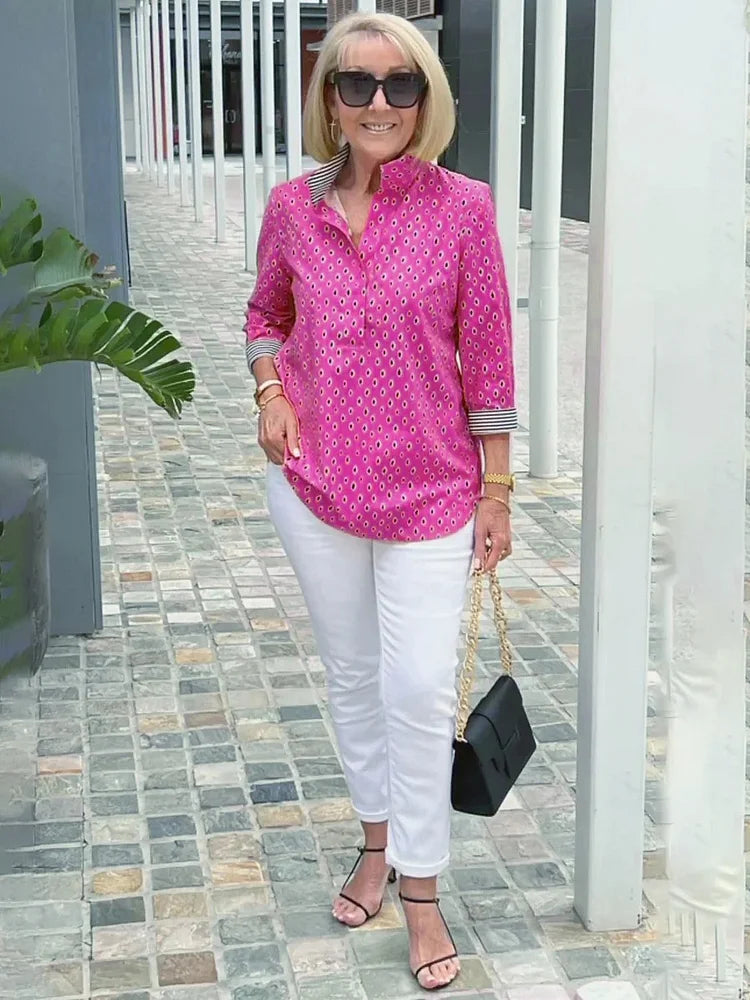 🌈【🔥Best Sellers】 Chemise à manches 3/4 avec col montant imprimé