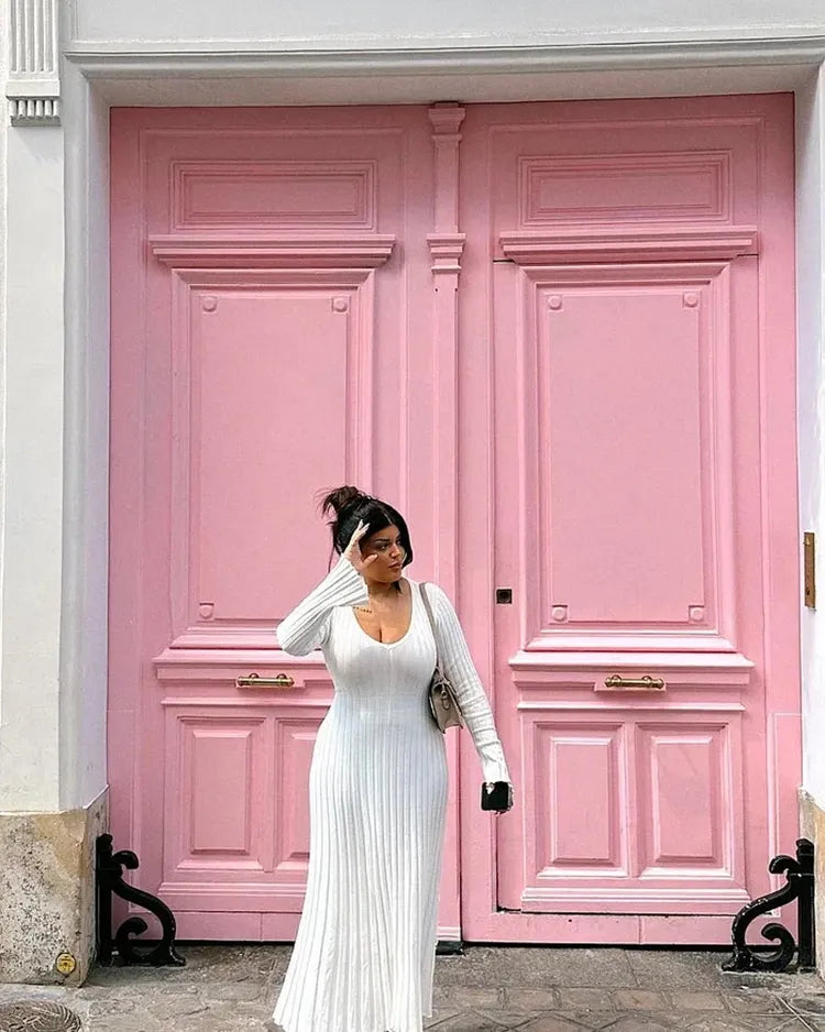 Robe Midi d'Automne en Tricot à Manches Longues