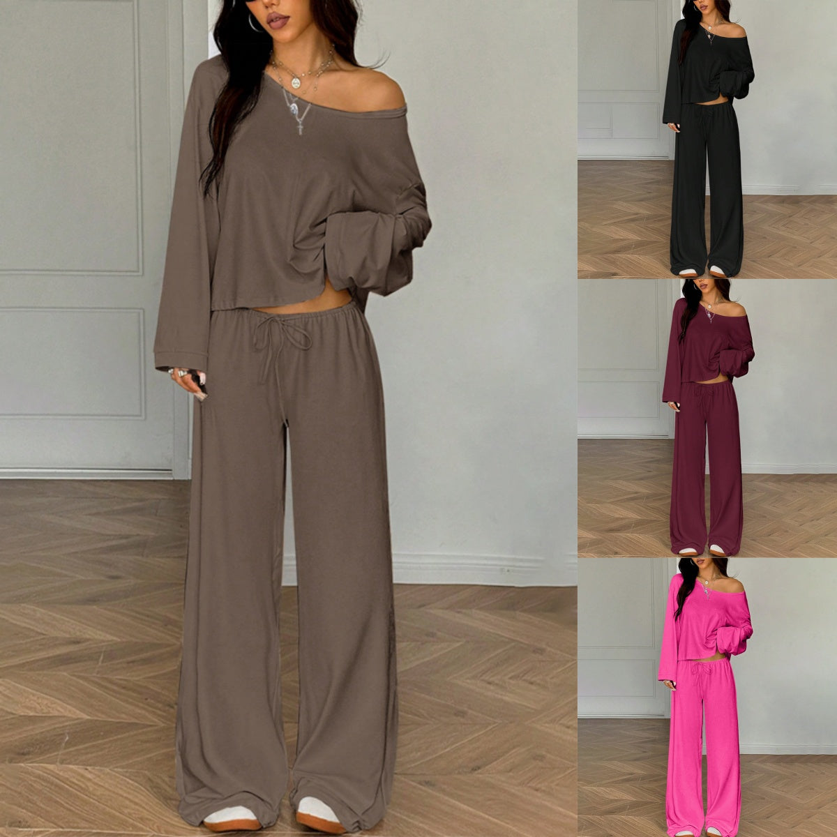🔥Offre nouveautés - Ensemble 2 pièces pour femme composé d'un haut à épaules dénudées et d'un pantalon