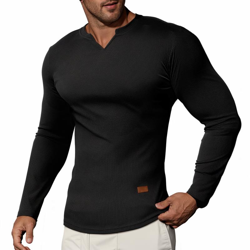 👕Haut côtelé à manches longues à col en V pour homme, pour l’entraînement, le fitness et le sport🛍️