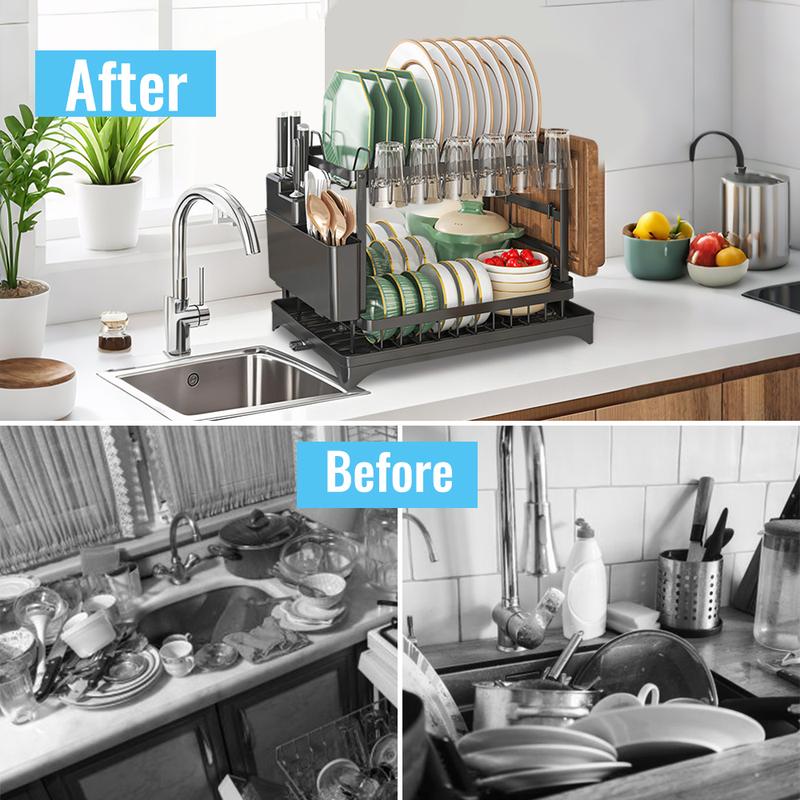🍽️ 50% DE RÉDUCTION! ✨ Égouttoir à Vaisselle 2 Niveaux – Avec Plateau d'Égouttage, Gain de Place & Idéal pour les Cuisines Familiales 🏠