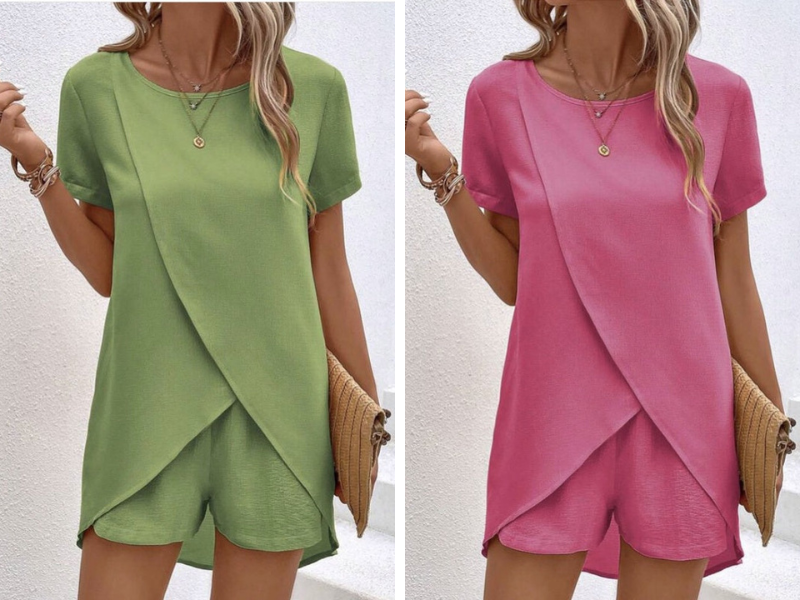 Ensemble deux pièces pour femme composé d'un haut asymétrique et d'un short, couleur unie