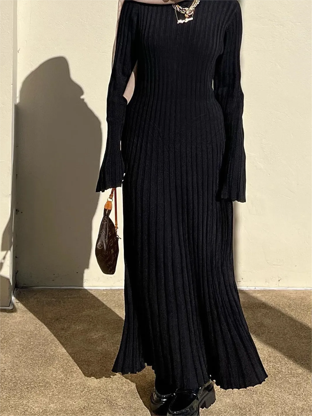 Robe Midi d'Automne en Tricot à Manches Longues