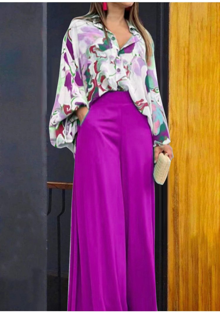 Chemise florale féminine et pantalon à pattes larges avec taille haute (1 set)