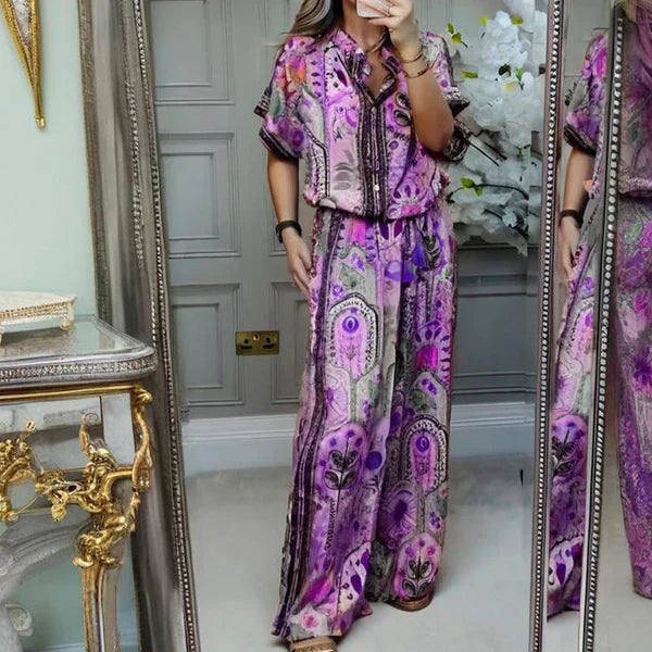 Ensemble 2 pièces haut imprimé et pantalon large pour femme