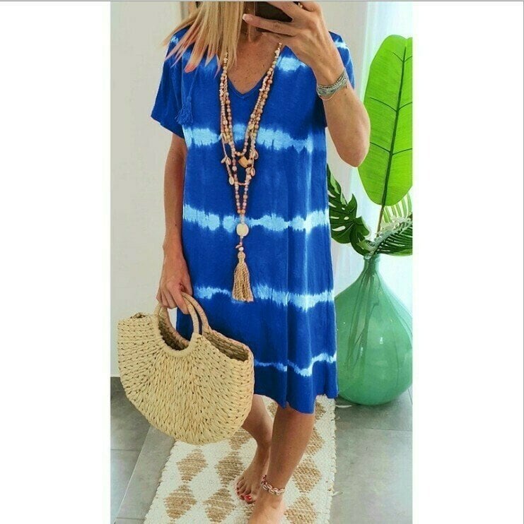 👗 50% DE RÉDUCTION 🌊 Robe-t-shirt ample à manches courtes, rayée & teinte au nœud – Coton doux, coupe décontractée – Parfaite pour un look tendance et confortable en été ou à la plage – légère et facile à accessoiriser ✨☀️