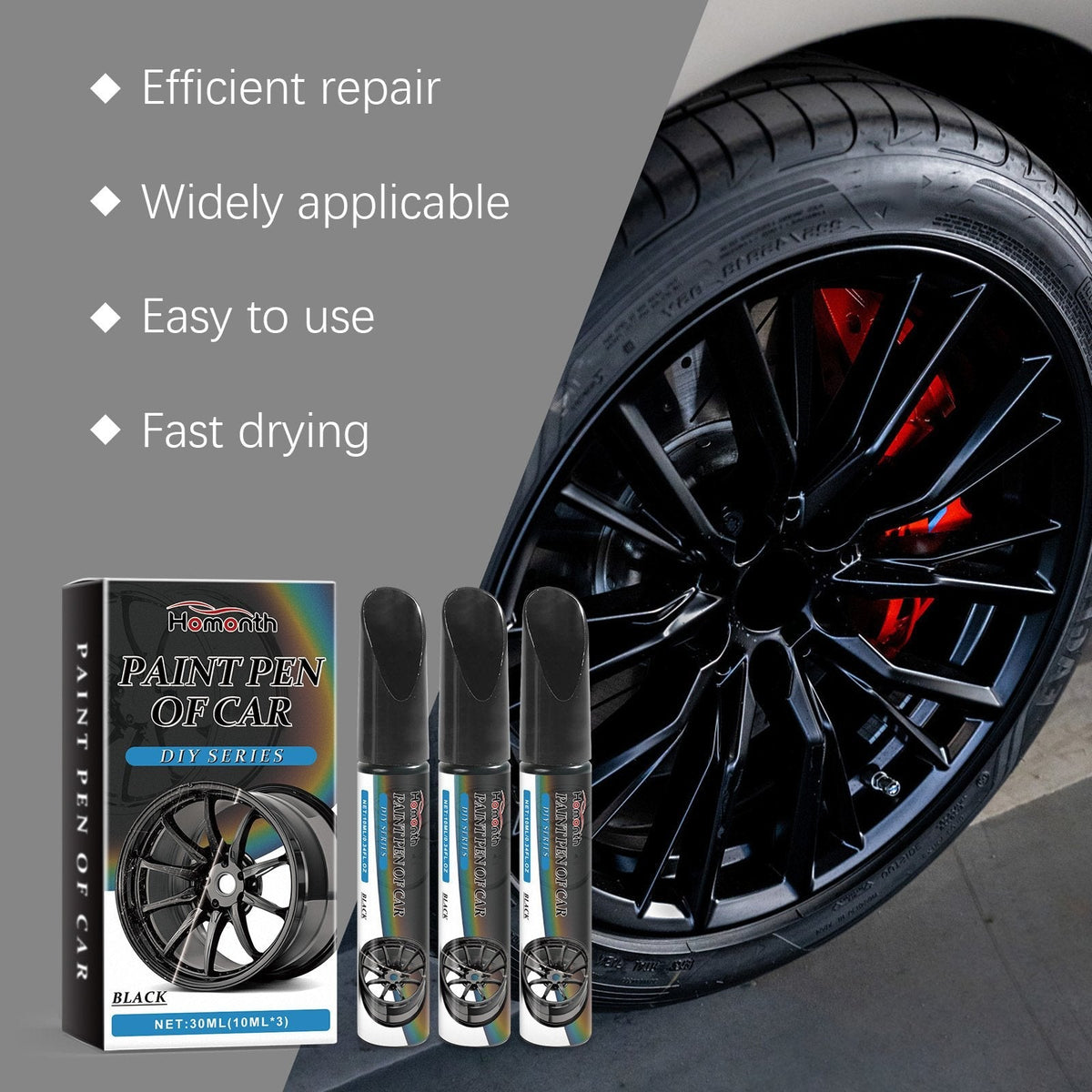 🖊️🚗✨ PROMO FLASH -50% ! Stylo Réparation Rayures Jantes Noir – Vernis Inclus, Séchage 10 min, 3 x 10 ml, Compatible Métal/Aluminium/Acier