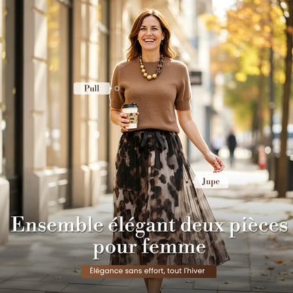 ❄️ Soldes d'hiver - 49 % de réduction 👗Ensemble deux pièces pour femme composé d'un pull et d'une jupe fluide à imprimé léopard
