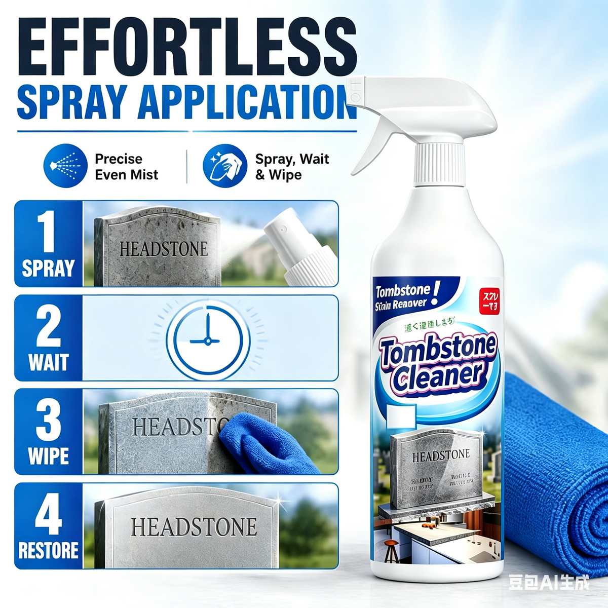 🔥Nettoyant anti-mousse pour cimetières - Spray détachant multifonctionnel - Élimine efficacement la mousse et la saleté des pierres tombales et autres surfaces en pierre.