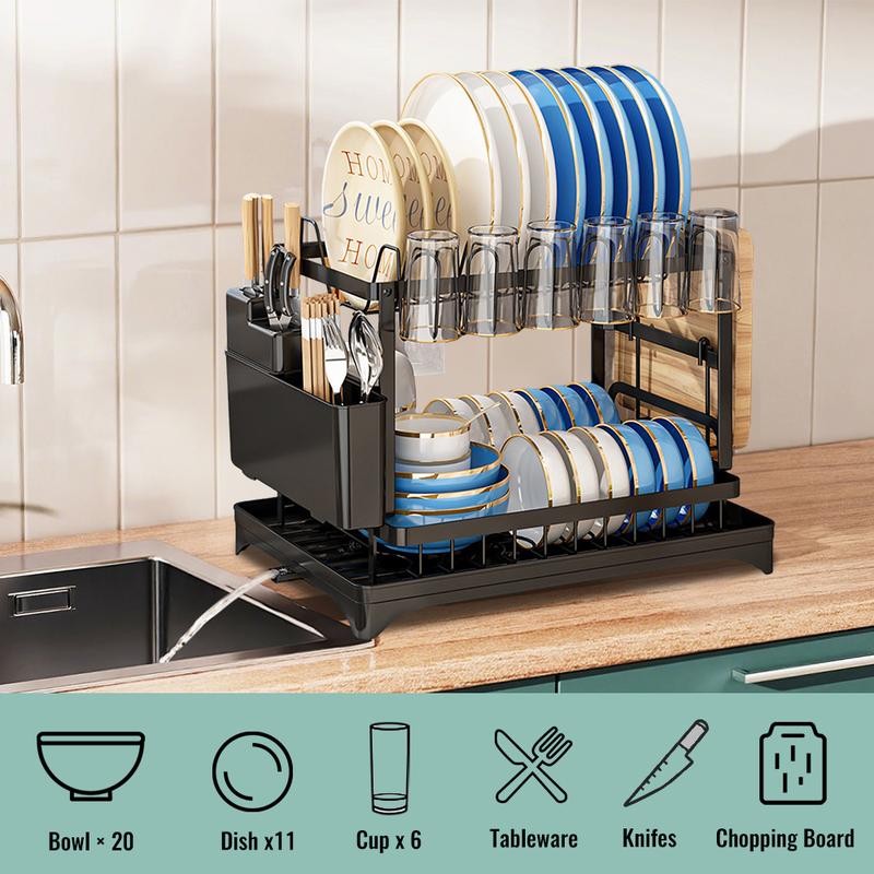 🍽️ 50% DE RÉDUCTION! ✨ Égouttoir à Vaisselle 2 Niveaux – Avec Plateau d'Égouttage, Gain de Place & Idéal pour les Cuisines Familiales 🏠