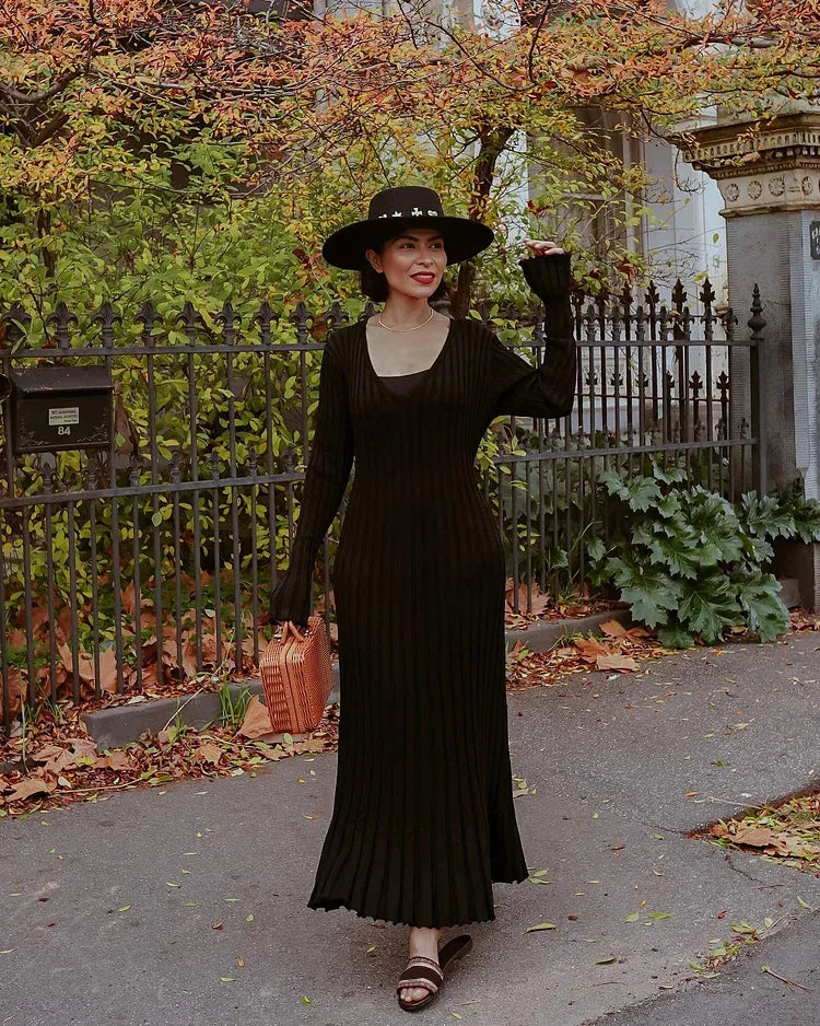 Robe Midi d'Automne en Tricot à Manches Longues