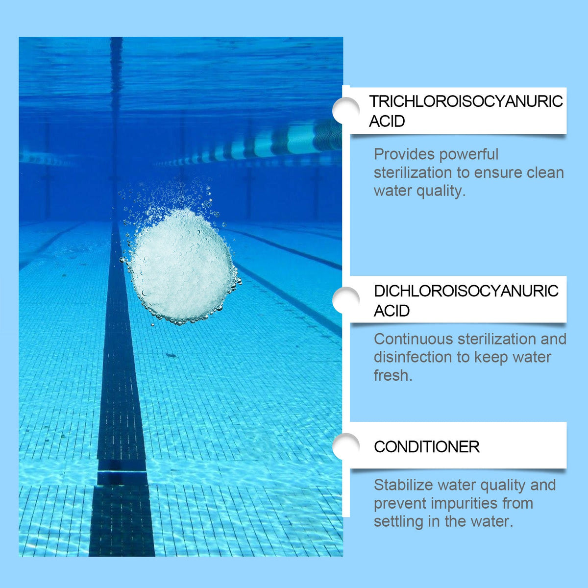 Pastilles nettoyantes pour piscines, pour une eau cristalline