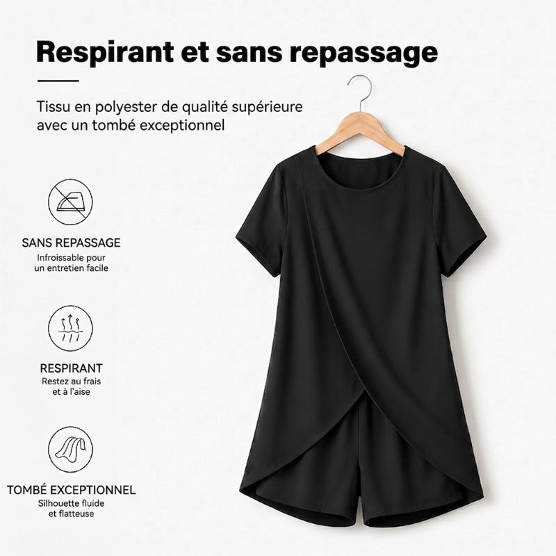 Ensemble deux pièces pour femme composé d'un haut asymétrique et d'un short, couleur unie