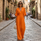 🌍 En vente sur tout le web ! Combinaison ample à taille haute et encolure en V pour femme