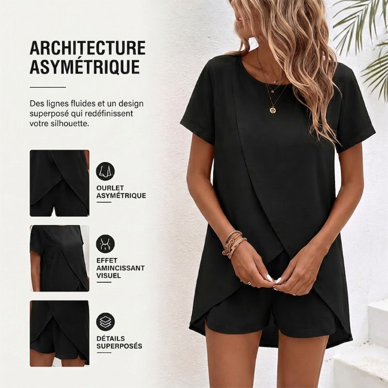 Ensemble deux pièces pour femme composé d'un haut asymétrique et d'un short, couleur unie