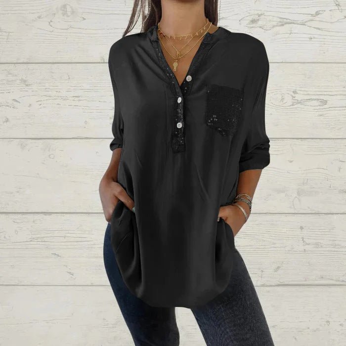 🔥Nouveauté - 52% de réduction🔥Chemise femme avec imprimé sequins et décolleté en V