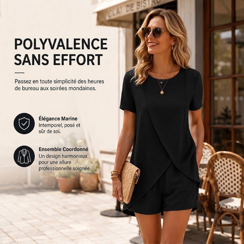 Ensemble deux pièces pour femme composé d'un haut asymétrique et d'un short, couleur unie