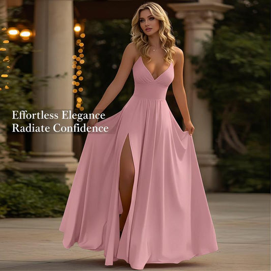👗Robe longue à col en V, bretelles fines et fente haute✨