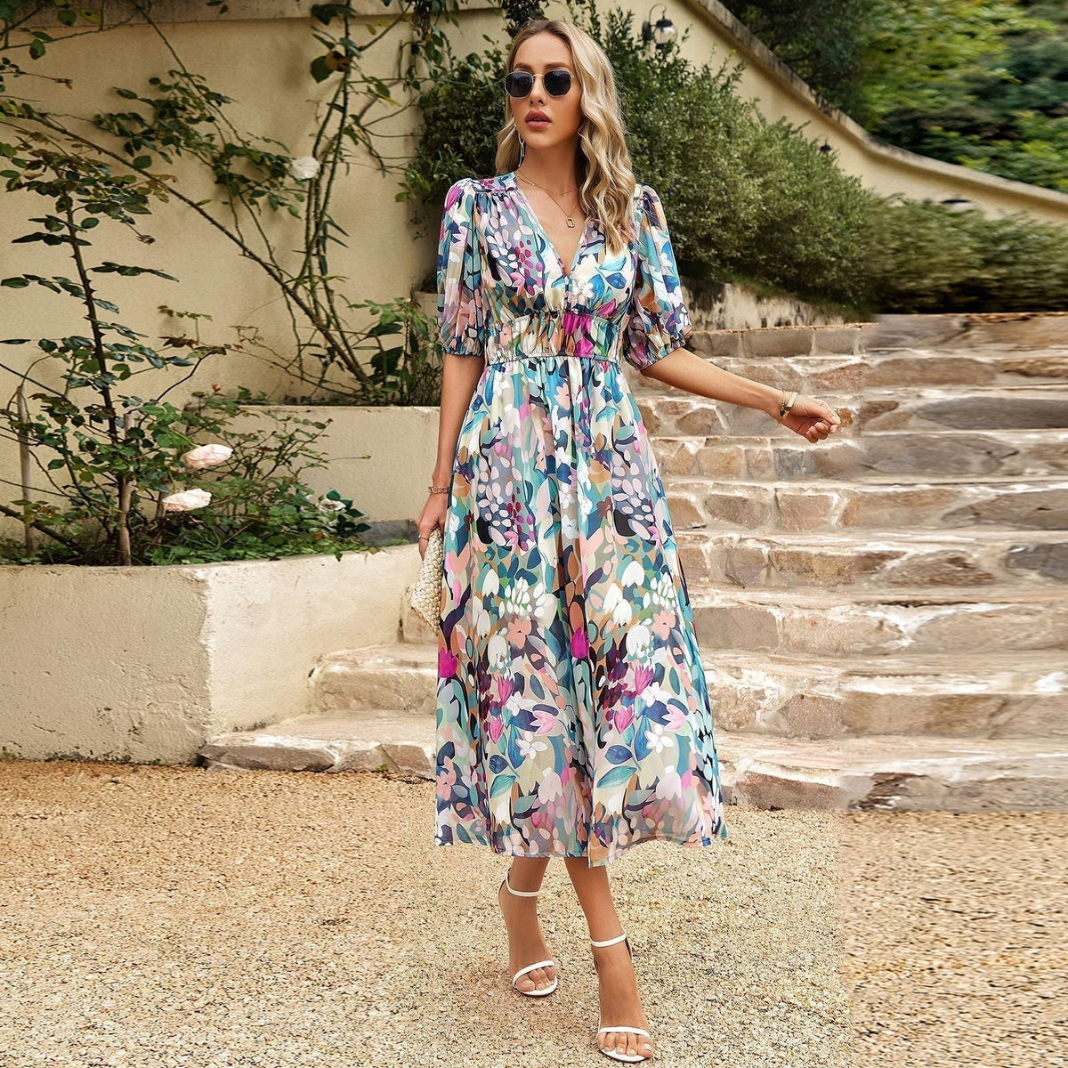 🔥Vente chaude🔥Robe taille haute imprimée à col en V à la mode
