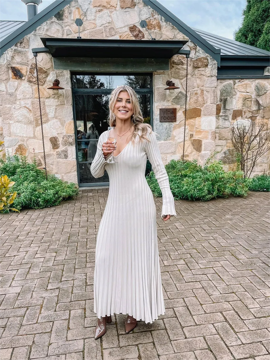 Robe Midi d'Automne en Tricot à Manches Longues
