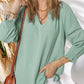 🌸Soldes printemps-été👚T-shirts décontractés à col en V et manches 3/4 évasées pour femme ; chemisier ample plissé avec découpe