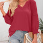 🌸Soldes printemps-été👚T-shirts décontractés à col en V et manches 3/4 évasées pour femme ; chemisier ample plissé avec découpe