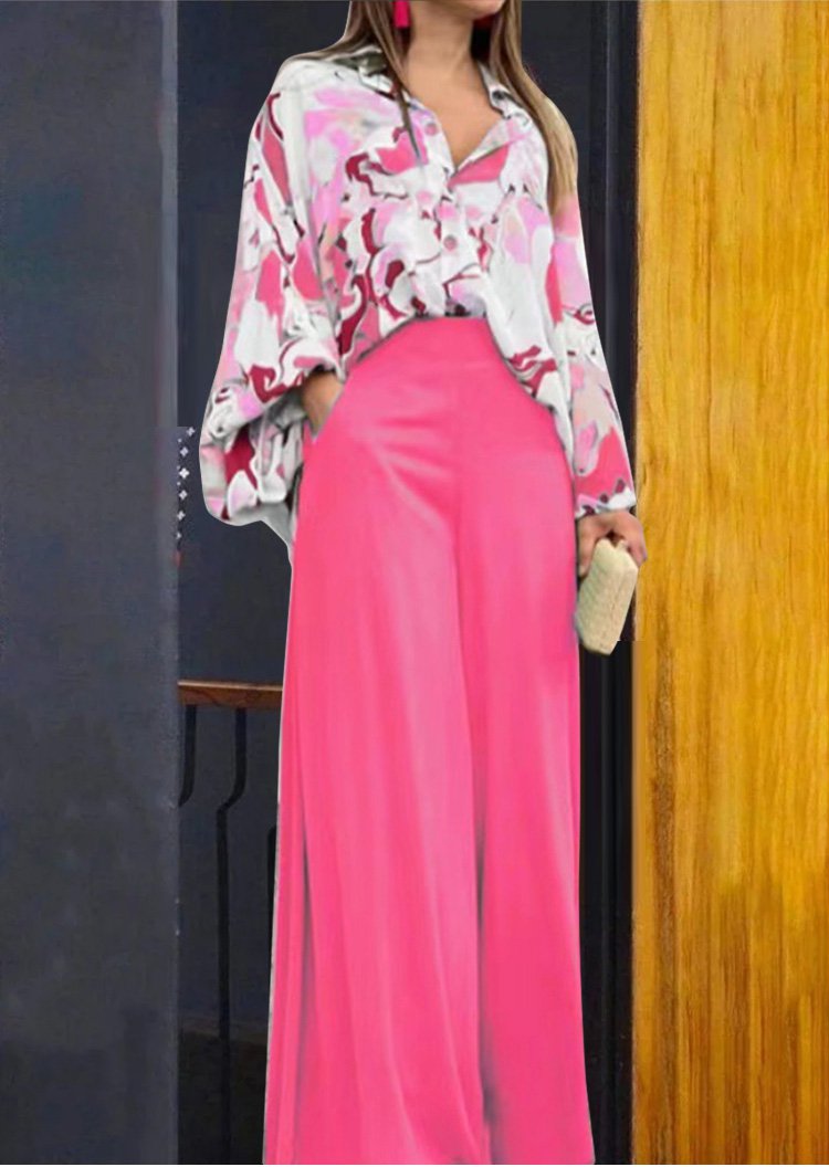 Chemise florale féminine et pantalon à pattes larges avec taille haute (1 set)