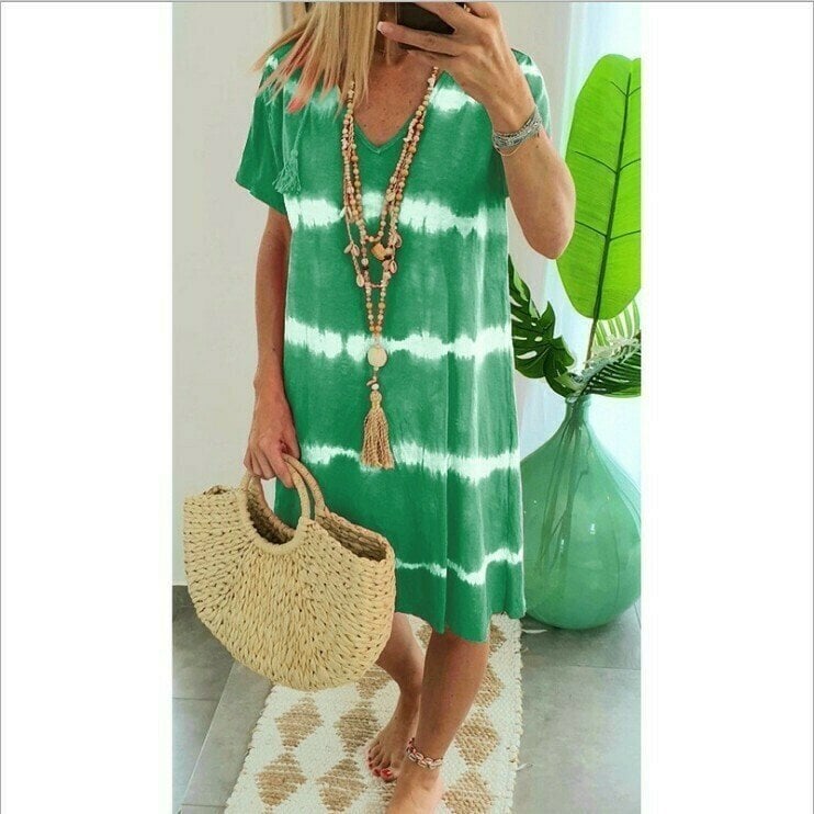 👗 50% DE RÉDUCTION 🌊 Robe-t-shirt ample à manches courtes, rayée & teinte au nœud – Coton doux, coupe décontractée – Parfaite pour un look tendance et confortable en été ou à la plage – légère et facile à accessoiriser ✨☀️