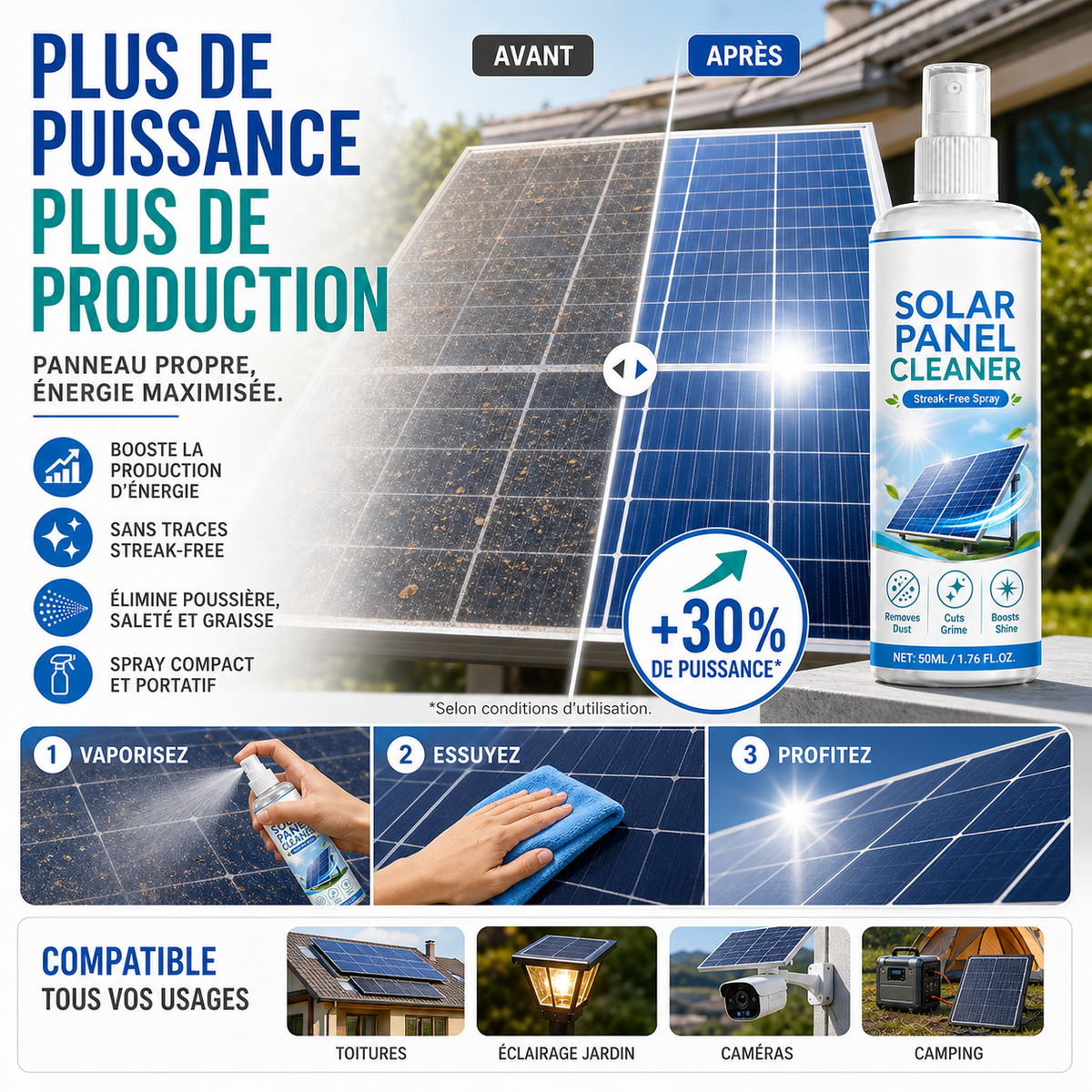 ☀️🧴 Spray nettoyant haut de gamme panneaux solaires, élimine poussière et saleté pour rendement maximal ✨