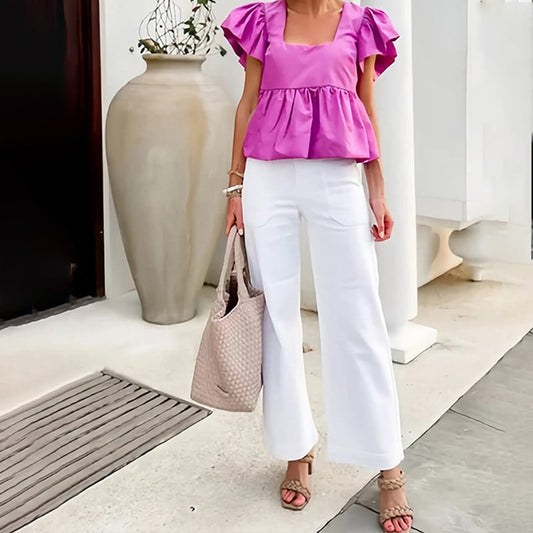 Pantalon Cropped à Jambes Larges en Sergé Extensible