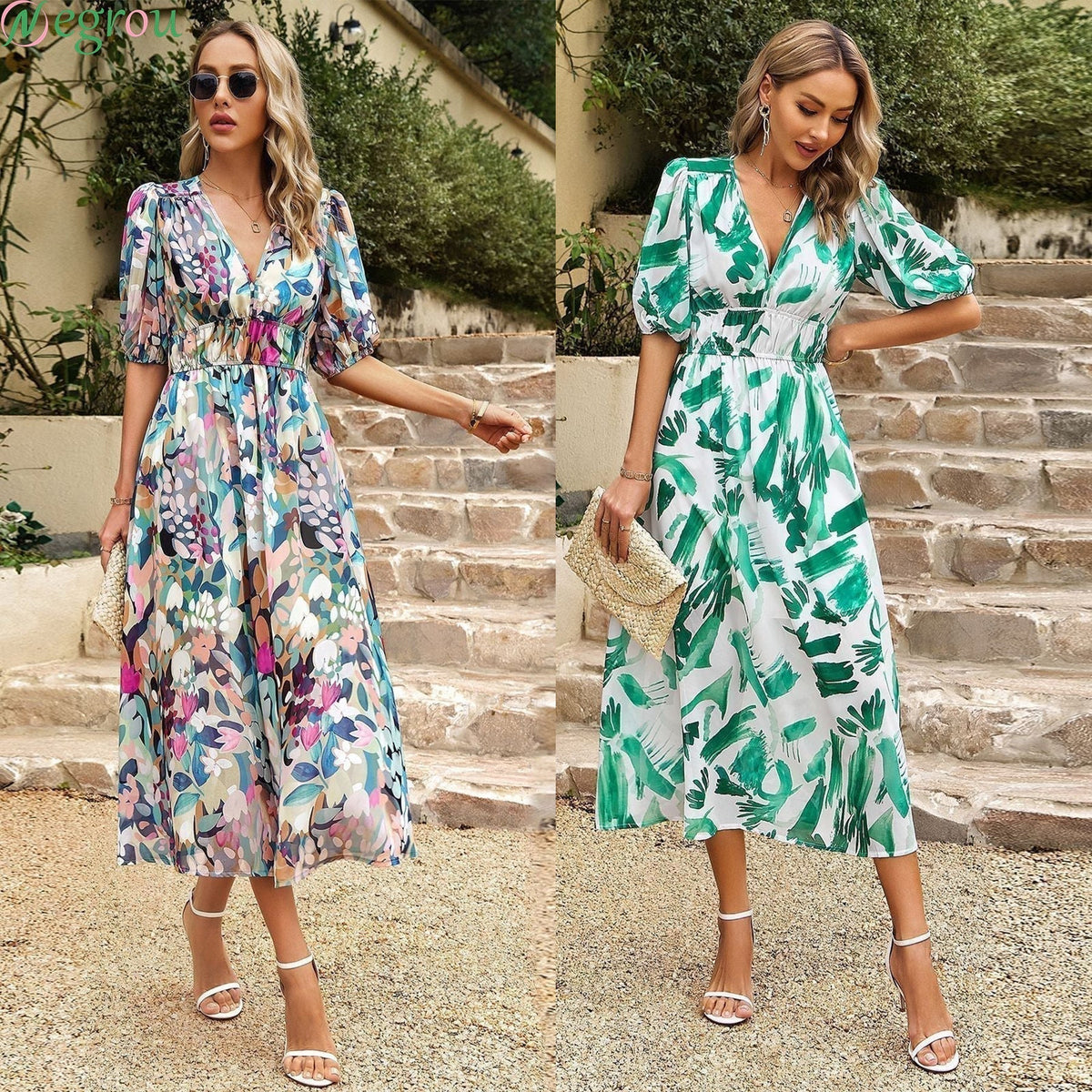 🔥Vente chaude🔥Robe taille haute imprimée à col en V à la mode