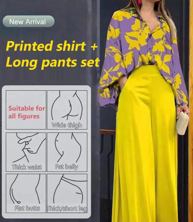 Chemise florale féminine et pantalon à pattes larges avec taille haute (1 set)