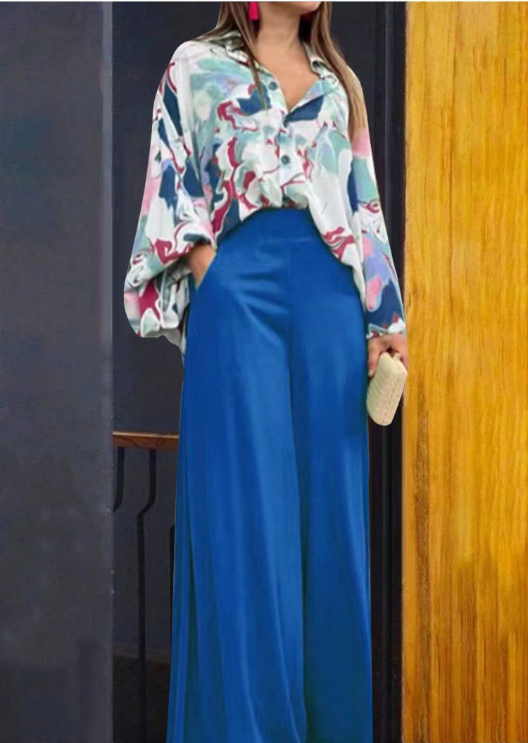 Chemise florale féminine et pantalon à pattes larges avec taille haute (1 set)