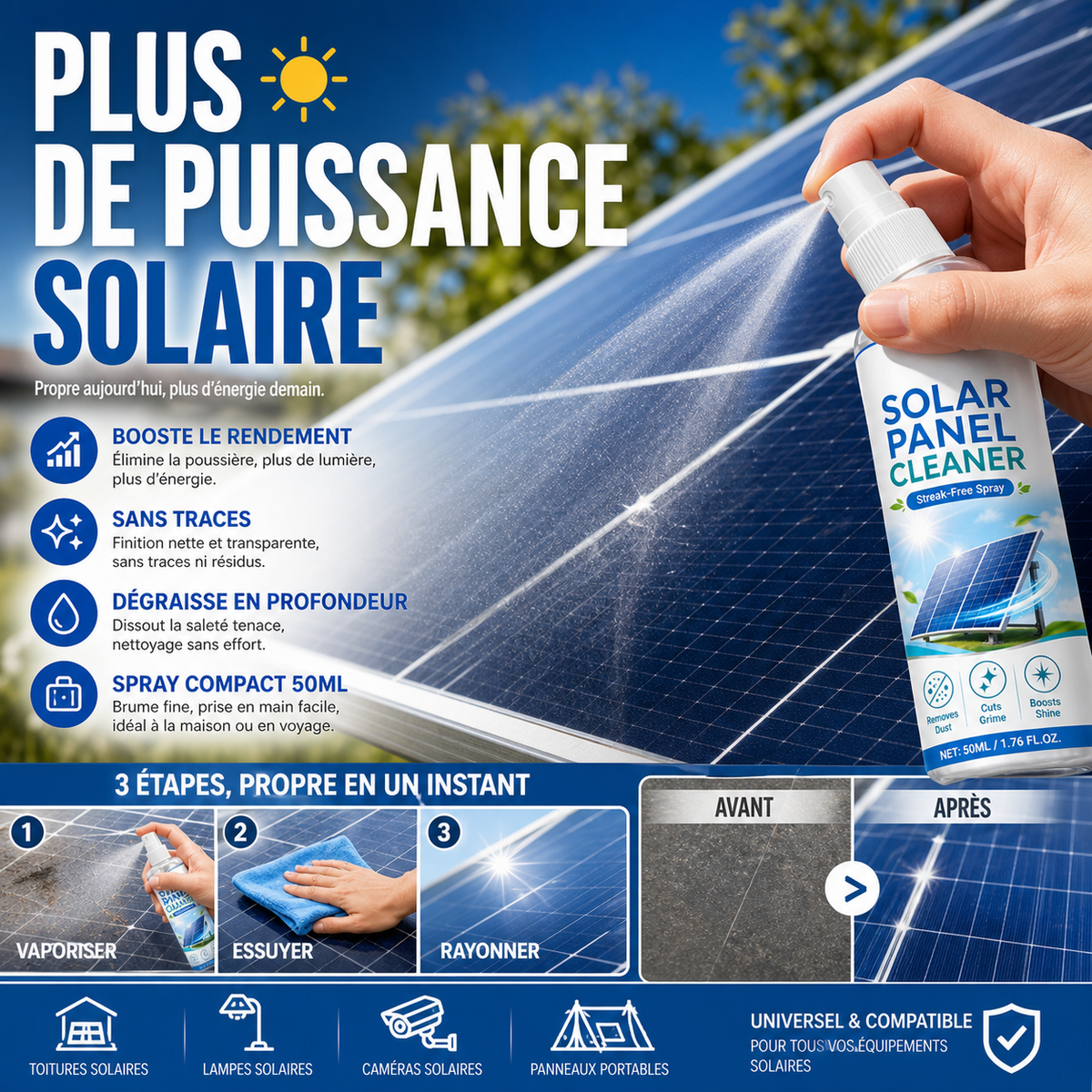 ☀️🧴 Spray nettoyant haut de gamme panneaux solaires, élimine poussière et saleté pour rendement maximal ✨