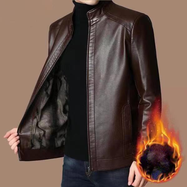 🔥 DERNIER JOUR – 50% DE RÉDUCTION ! Veste Cuir Homme Doublure Peluche – Chaleur Hivernale, Coutures Main & Col Montant