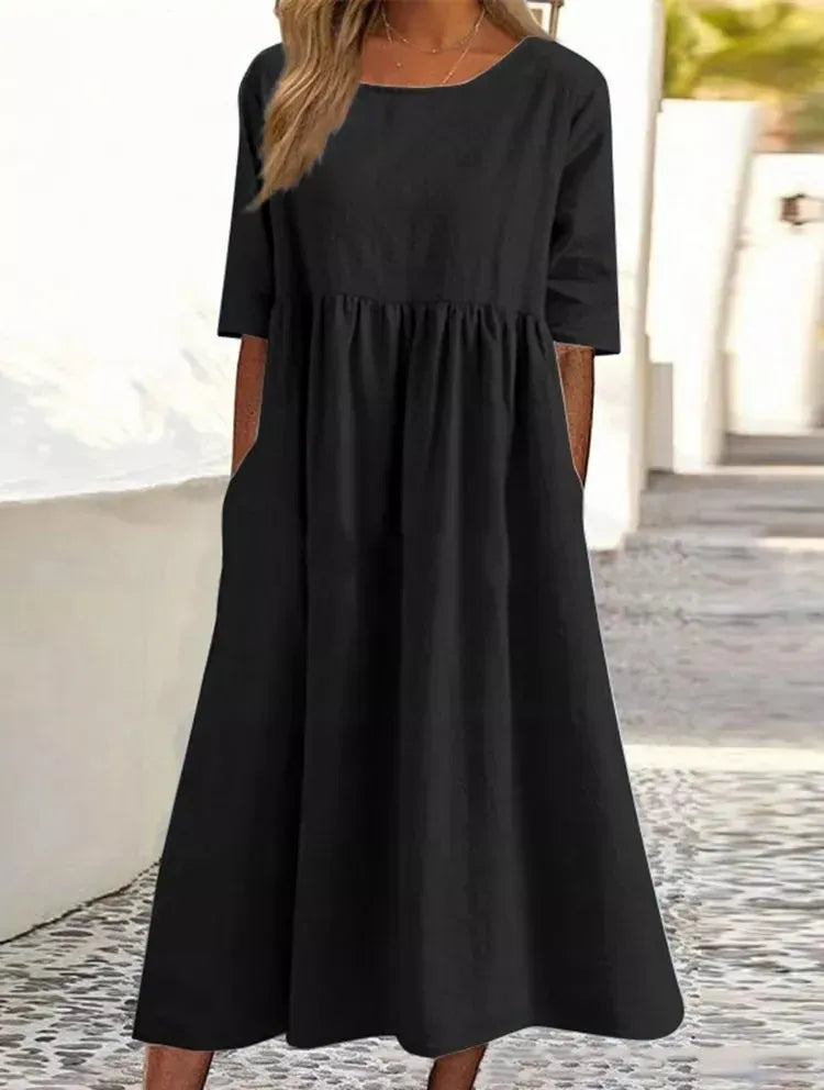 🔥Soldes d'été🔥Robe en coton à poches et col rond - Achetez 2 livraisons gratuites