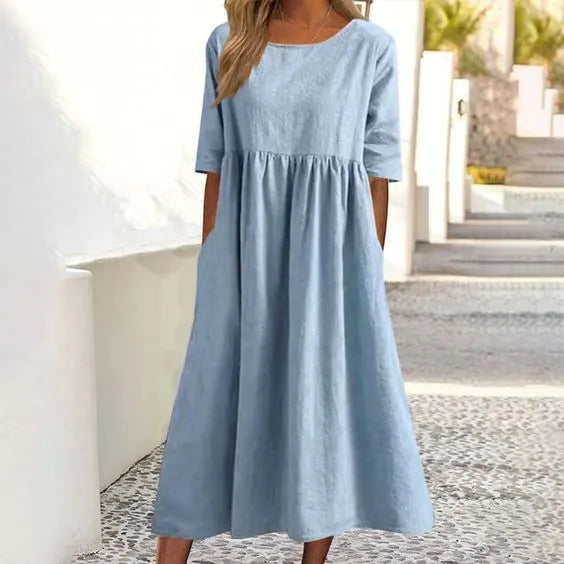 🔥Soldes d'été🔥Robe en coton à poches et col rond - Achetez 2 livraisons gratuites
