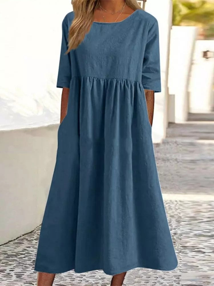 🔥Soldes d'été🔥Robe en coton à poches et col rond - Achetez 2 livraisons gratuites
